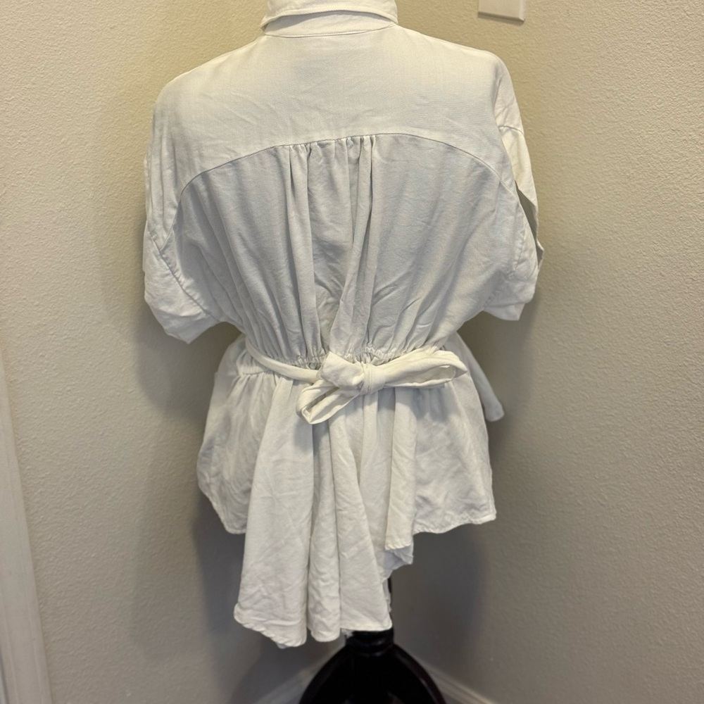 Floriane Fosso White Tie Back Peplum Blouse Top Button Down High Low M L - Picture 6 of 8